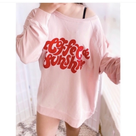 Wildfox Sweaters - WILDFOX Pink Coffee & Sunshine Graphic Sweatshirt Oversized Slouchy Pullover XL